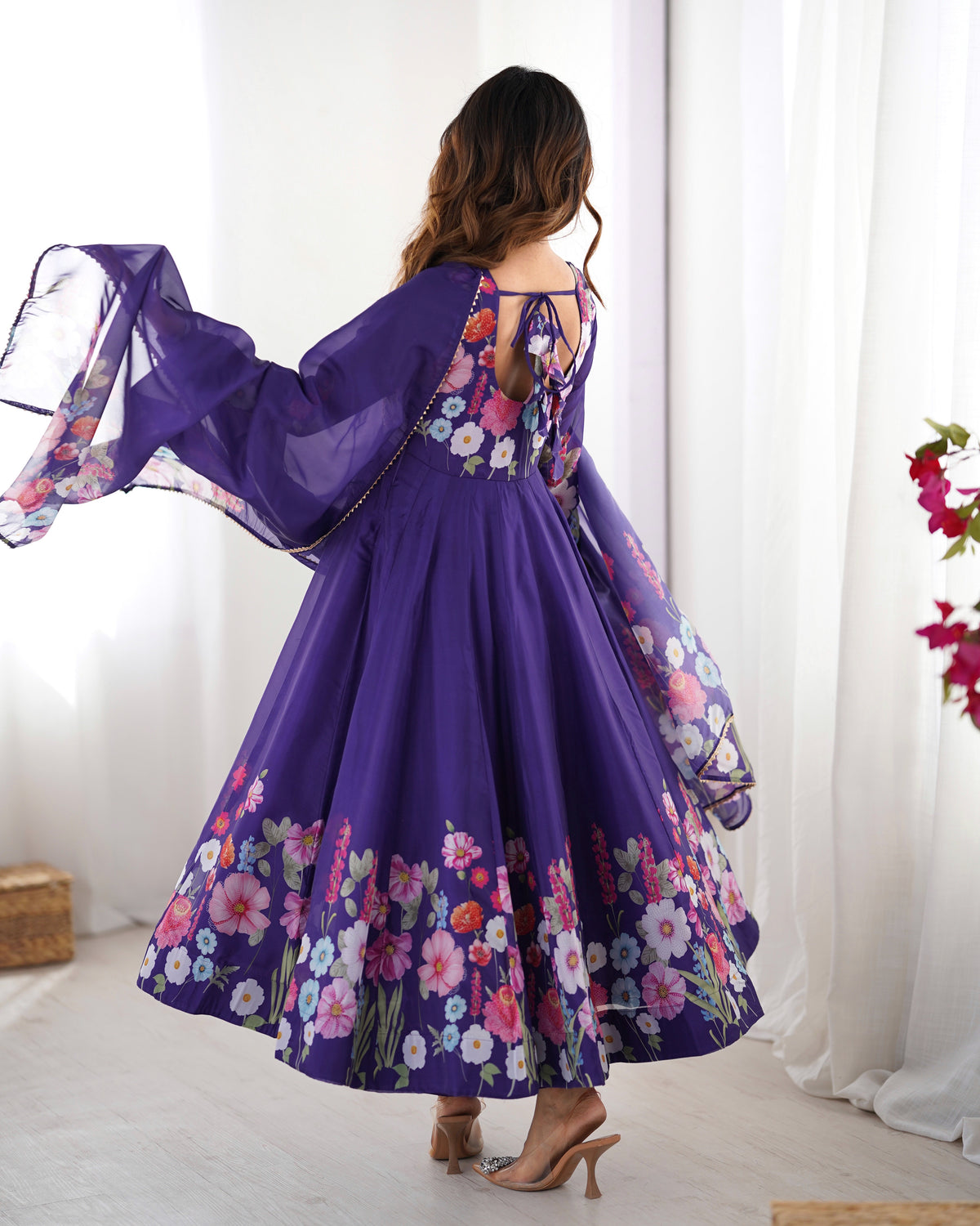 Premium Organza Silk Printed Anarkali Suit Set with Badla Jari & Gota Patti Work