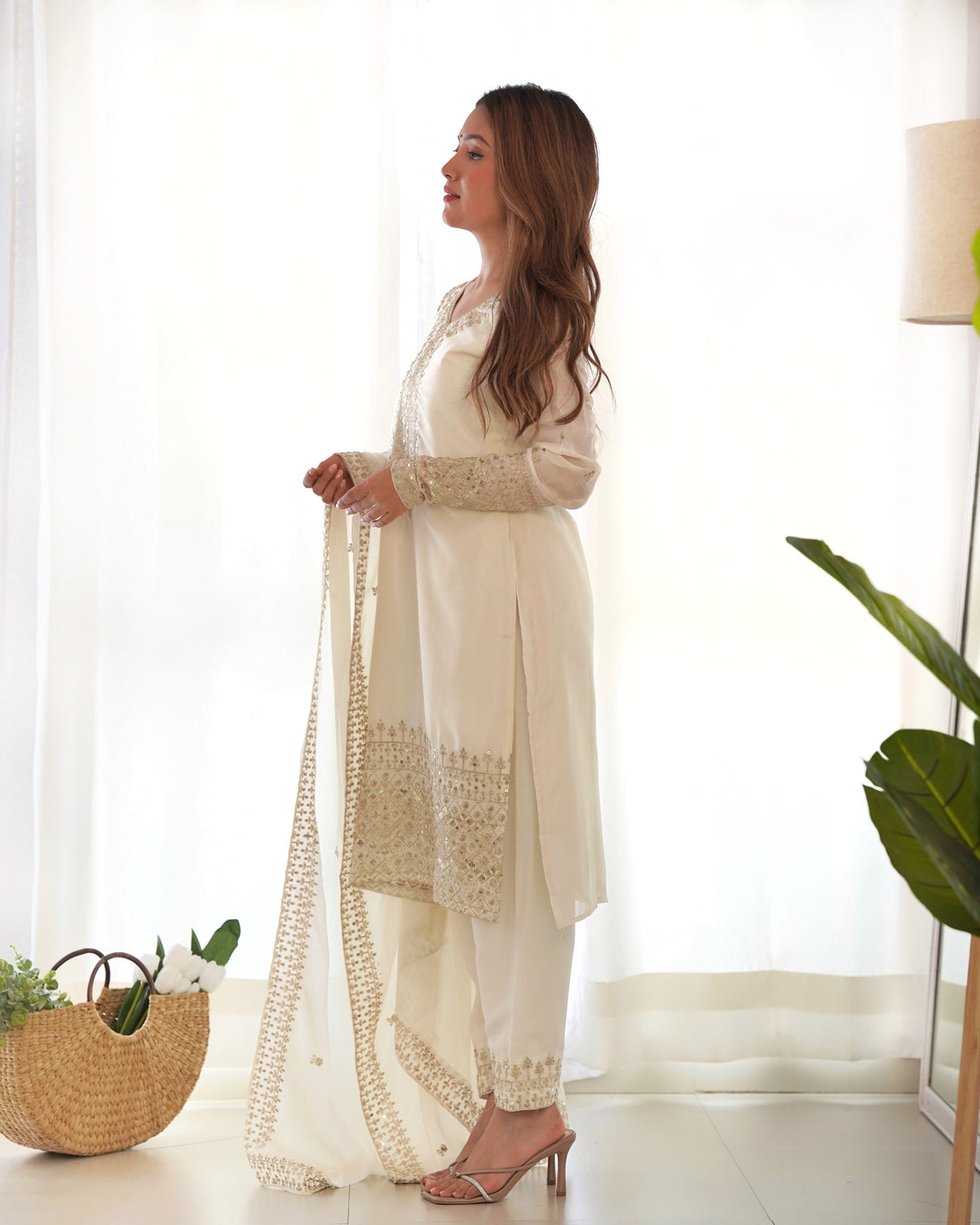 Premium Chinon Silk Straight Fit Kurta Set with Embroidery, Sequin & Jari Work