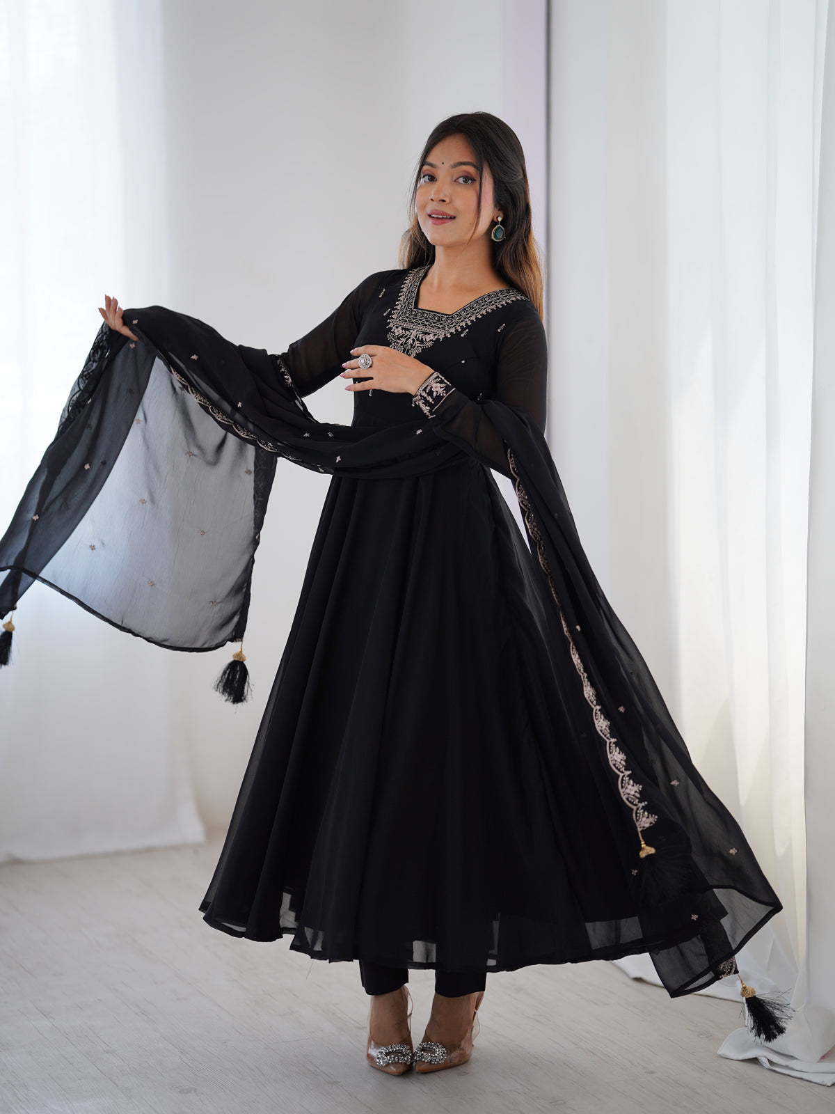 Premium Fox Georgette Anarkali Suit with Beads, Jari Work, 6.5 Meter Flair & Embellished Dupatta
