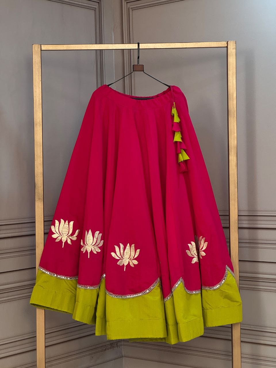Premium Roman Fabric Navratri Lehenga with Lotus Gota & Mirror Lace Work | ByRavina-7172