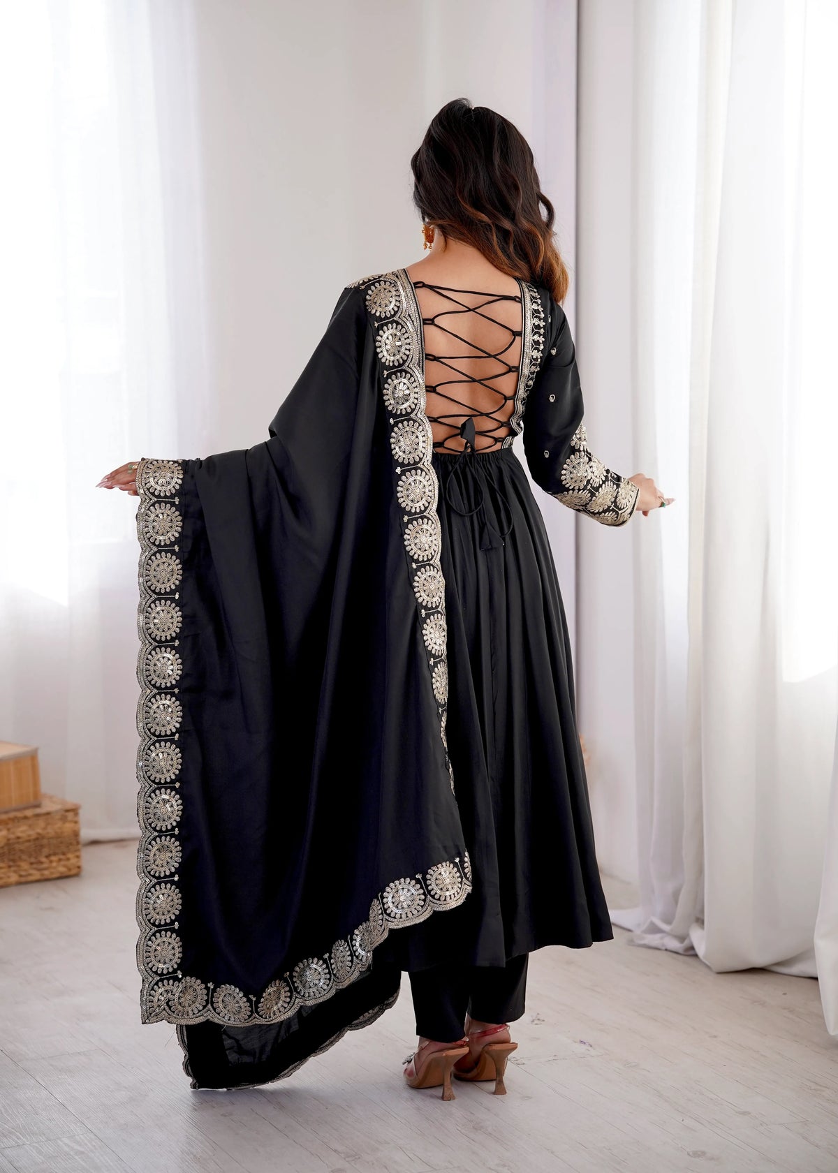 Premium Roman Silk Anarkali Gown with Embroidery & Sequin Work