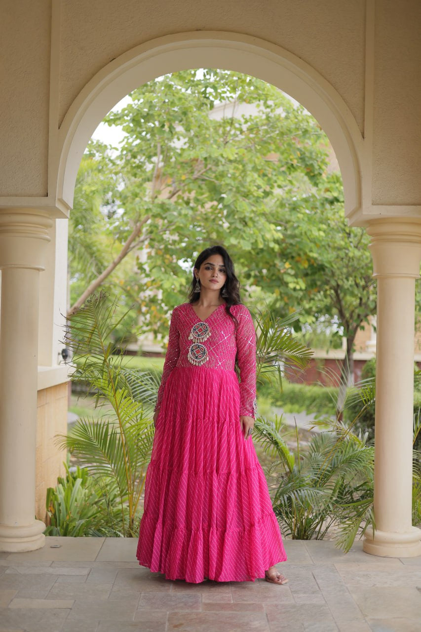 Premium Faux Georgette Navratri Gown with Laheriya Print & Kutchi Patchwork