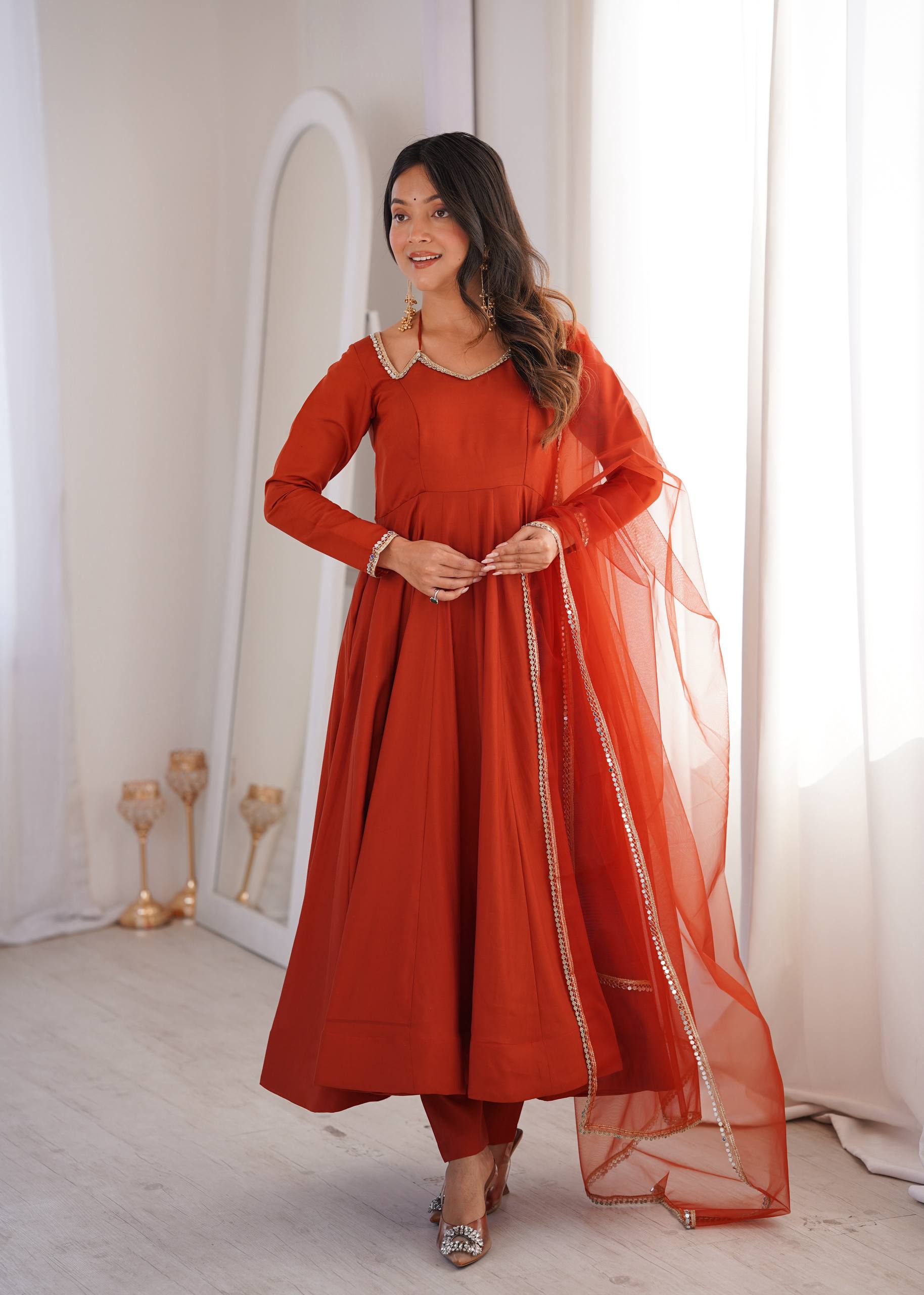 Premium Roman Silk Chanderi Anarkali Gown Set with Dupatta & Pant
