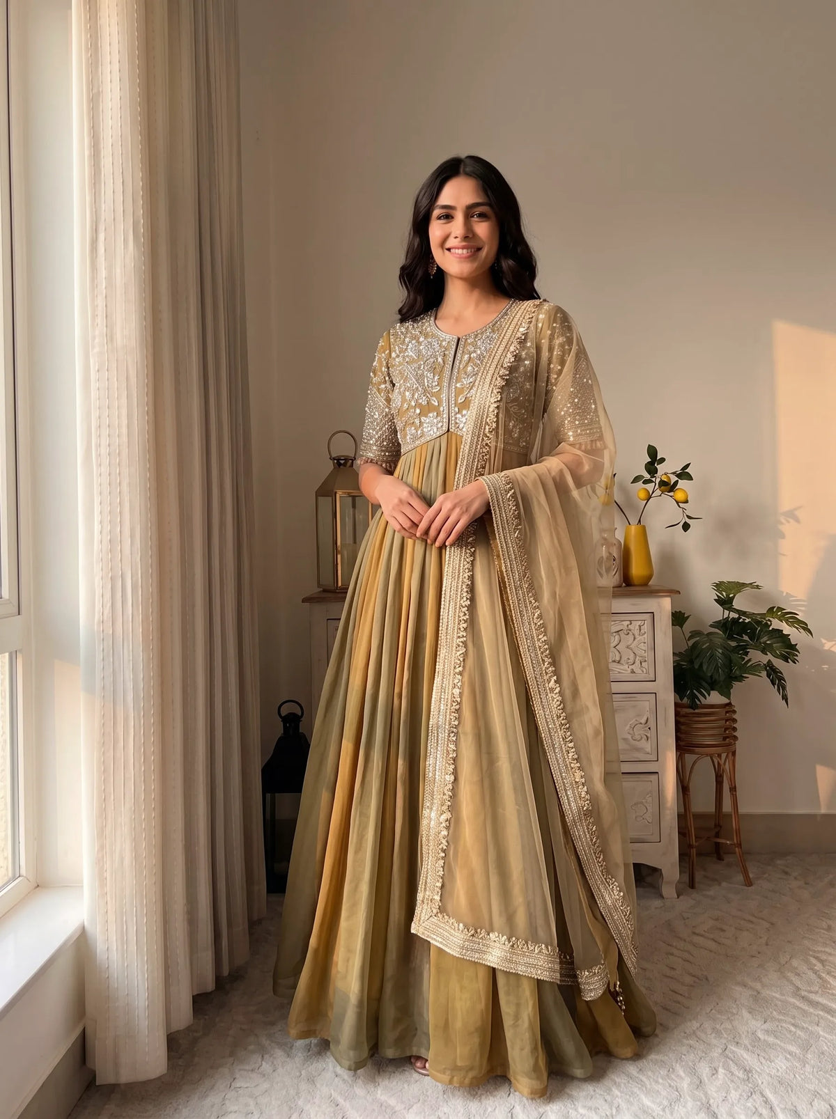 Premium NC Moss Silk Gown with Embroidery, Beads & Tassel Sleeves