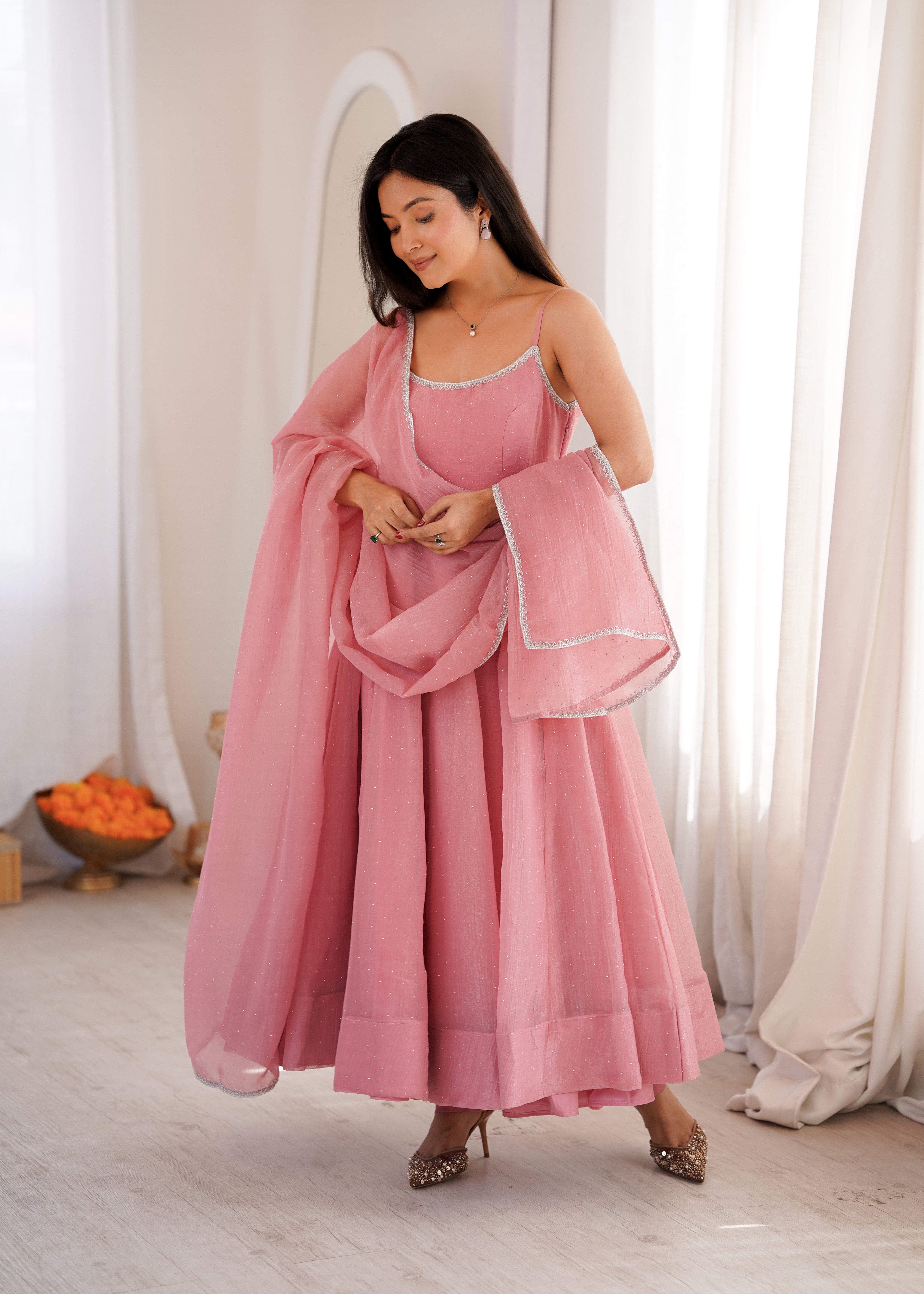 Premium Crunchy Silk Anarkali Gown Set with SiroSki Work, Dupatta & Pant