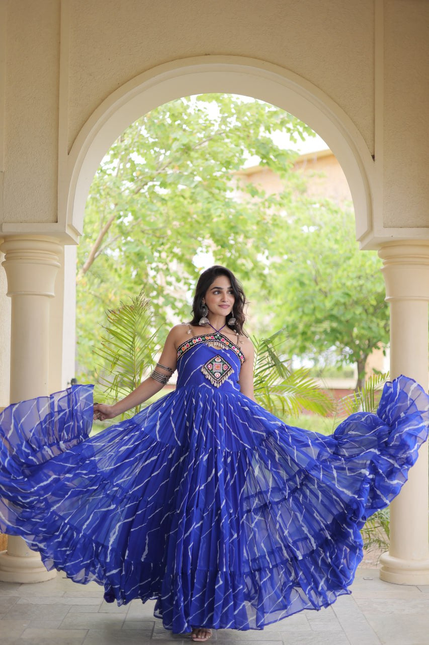 Premium Faux Georgette Navratri Gown with Laheriya Print & Kutchi Patchwork