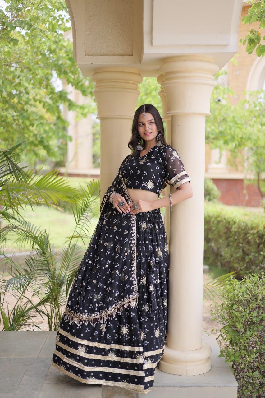 Premium Faux Georgette Bandhej Print Lehenga Choli with Embroidery & Dupatta