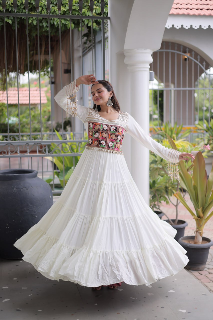 Reyon Navratri Gown with Kutchi Gamthi Embroidery & Mirror Work