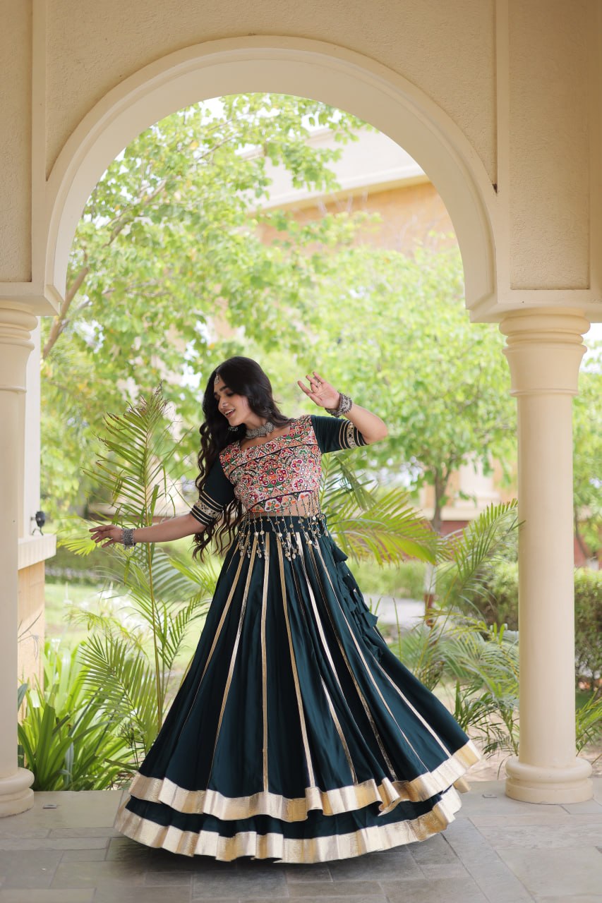 Reyon Navratri Lehenga Choli with Gota Patti Lace, Gamthi Embroidery & Real Mirror Work
