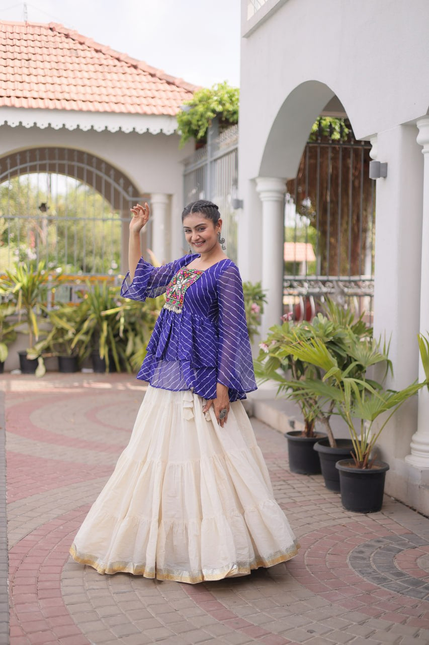 Premium Kora Cotton Navratri Lehenga Choli with Frill Stitching, Lampi Lace & Kutchi Gamthi Patchwork