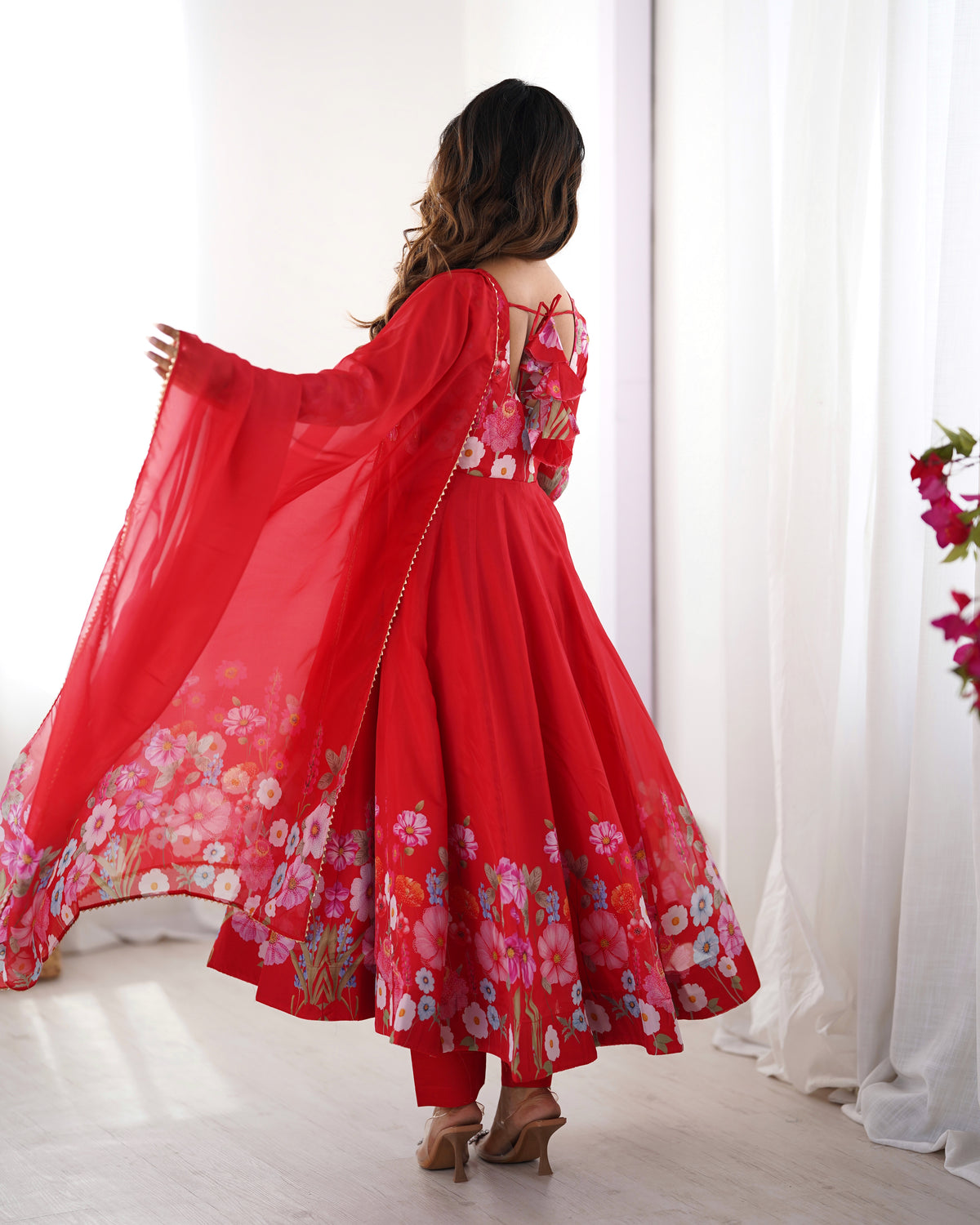 Premium Organza Silk Printed Anarkali Suit Set with Badla Jari & Gota Patti Work