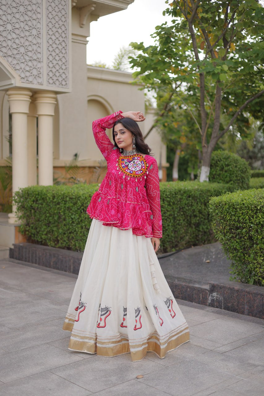 Premium Kora Cotton Navratri Lehenga Choli with Gota Lace & Bandhani Kutchi Gamthi Work