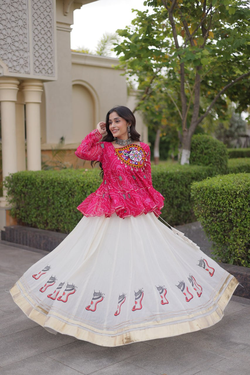 Premium Kora Cotton Navratri Lehenga Choli with Gota Lace & Bandhani Kutchi Gamthi Work