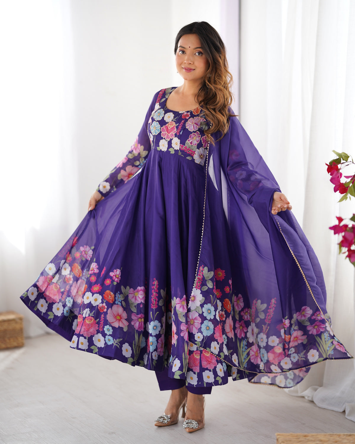 Premium Organza Silk Printed Anarkali Suit Set with Badla Jari & Gota Patti Work