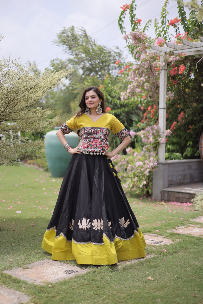 Premium Roman Fabric Navratri Lehenga Choli with Gota & Mirror Work