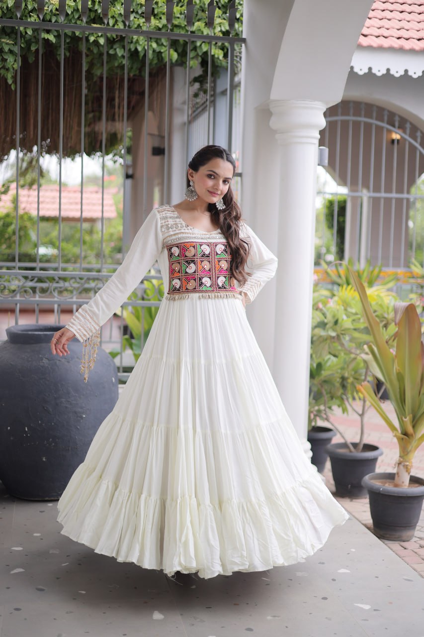 Reyon Navratri Gown with Kutchi Gamthi Embroidery & Mirror Work