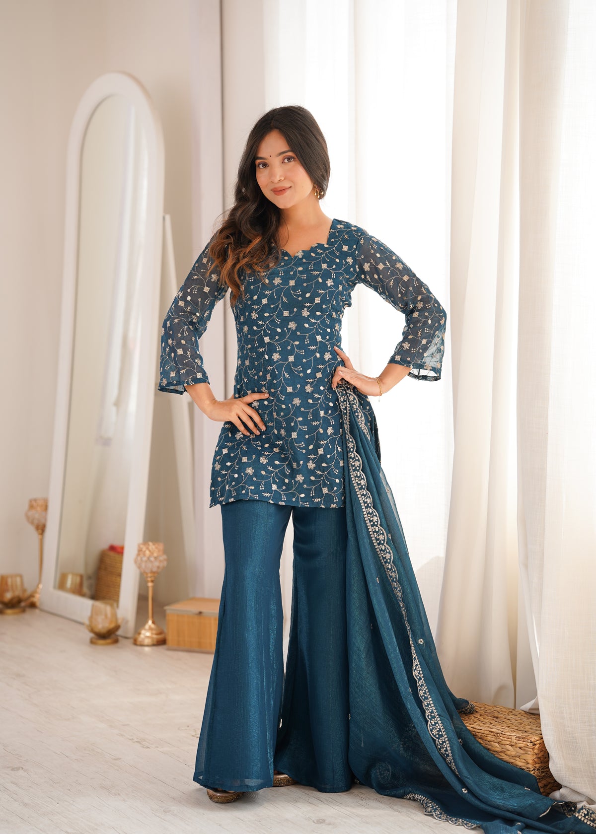 Premium Crunchy Silk Top Pant Set with Embroidery, Sequin & Jari Work