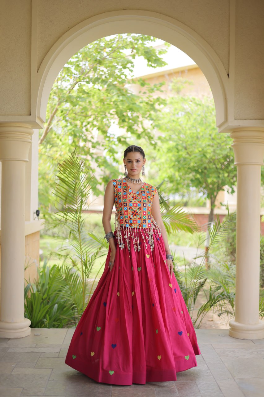 Premium Cora Cotton Navratri Lehenga Choli with Heart Thread Embroidery & Gamthi Mirror Work