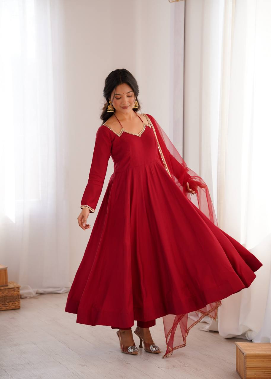 Premium Roman Silk Chanderi Anarkali Gown Set with Dupatta & Pant