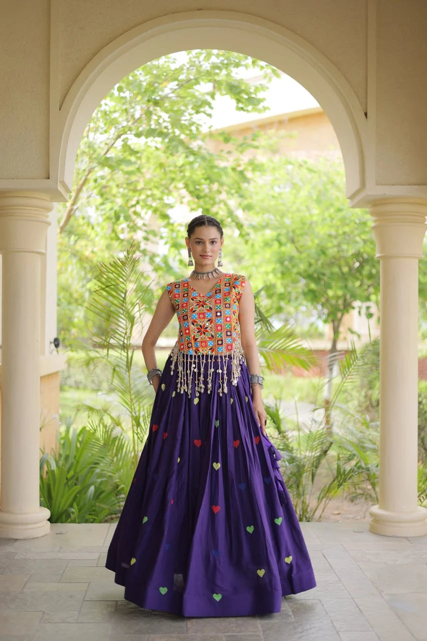 Premium Cora Cotton Navratri Lehenga Choli with Heart Thread Embroidery & Gamthi Mirror Work