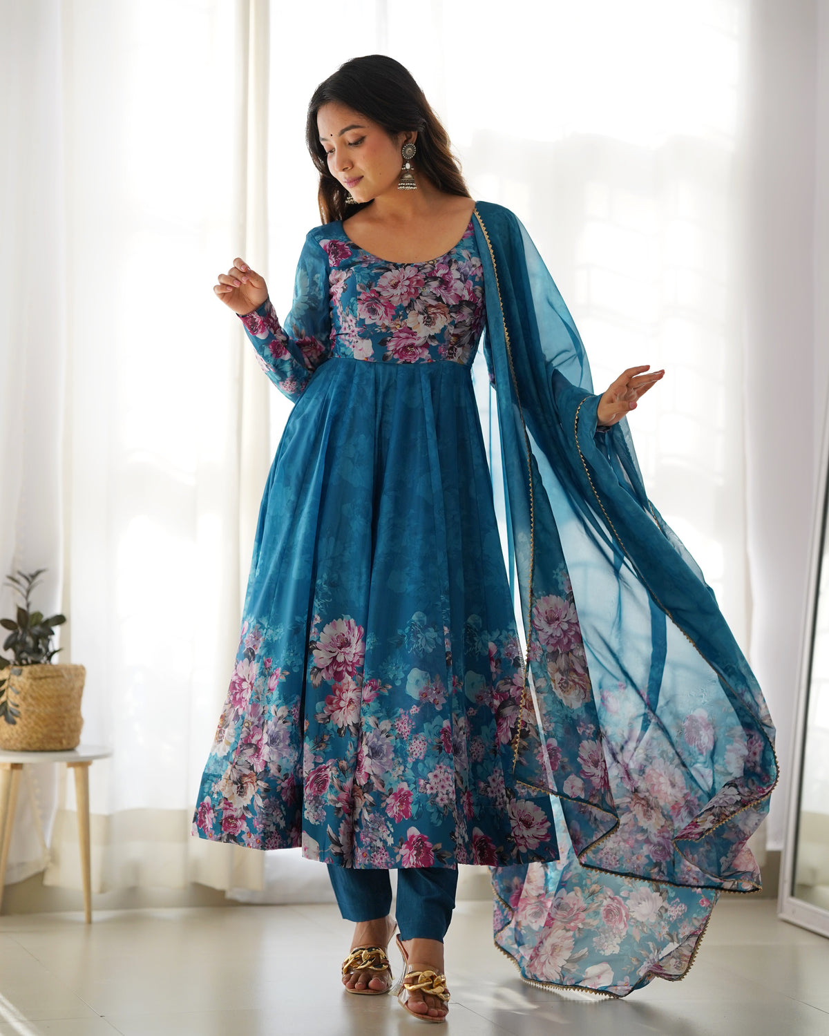 Premium Organza Silk Printed Anarkali Gown with Kali Flare, Canvas Patta & Gota Patti Dupatta