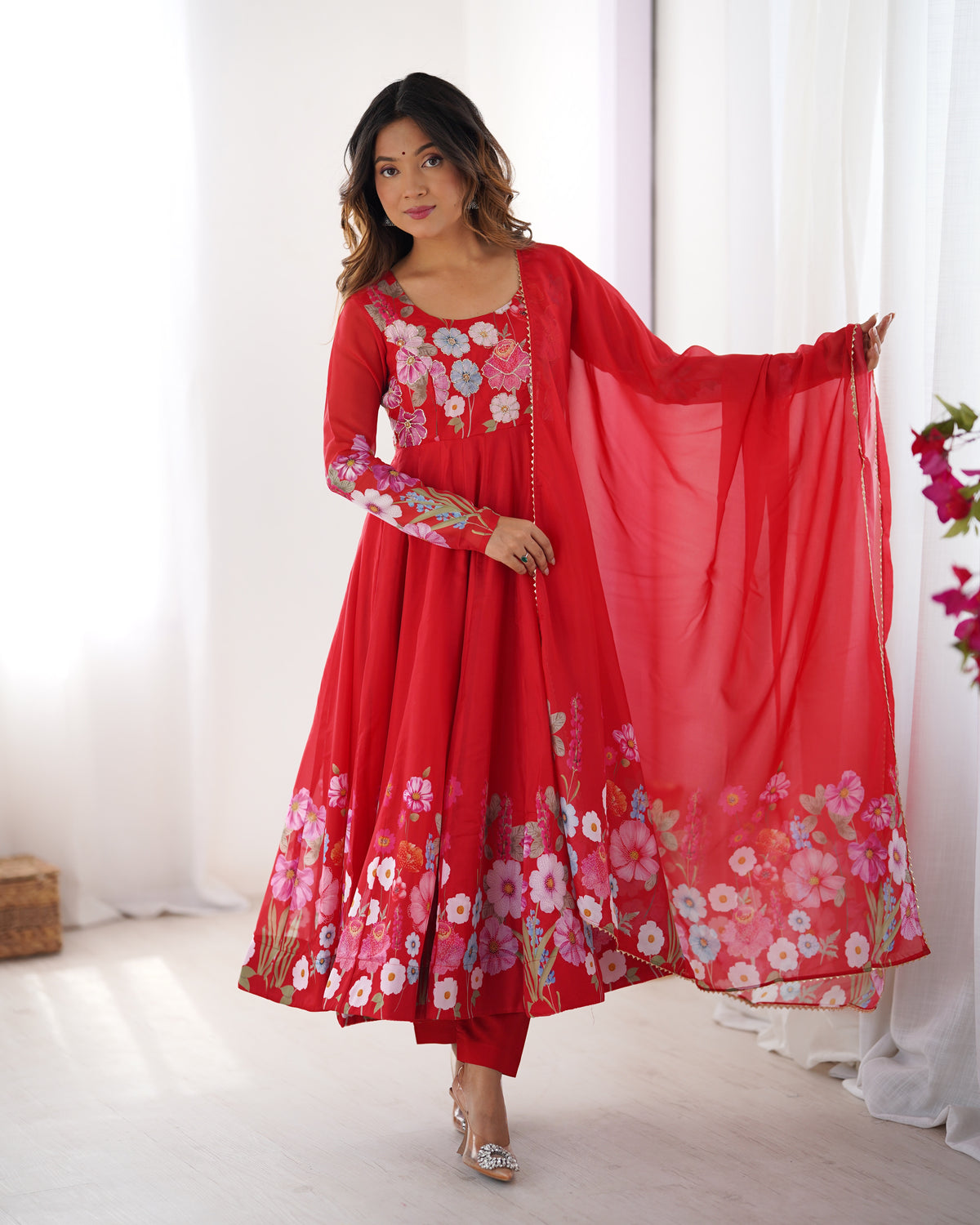 Premium Organza Silk Printed Anarkali Suit Set with Badla Jari & Gota Patti Work