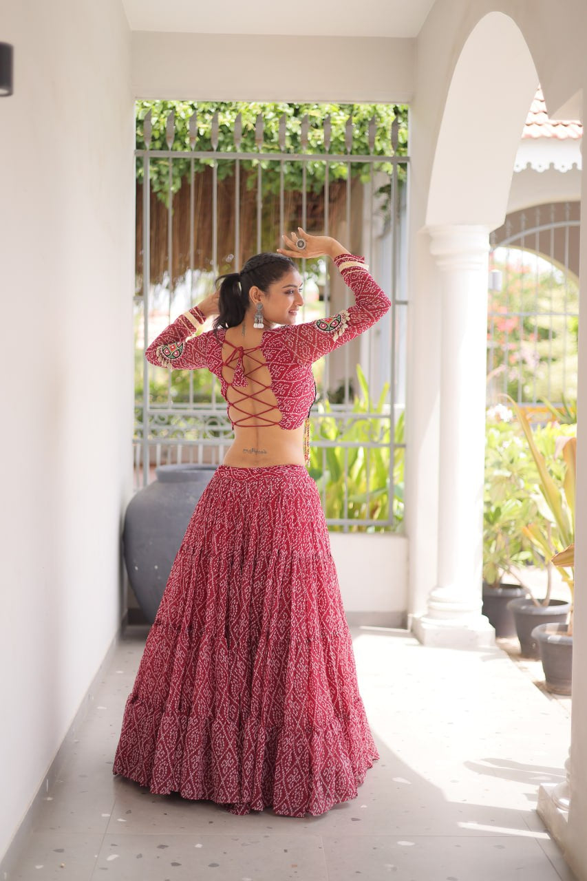 Premium Faux Georgette Bandhani Print Navratri Lehenga Choli with Kutchi Patchwork