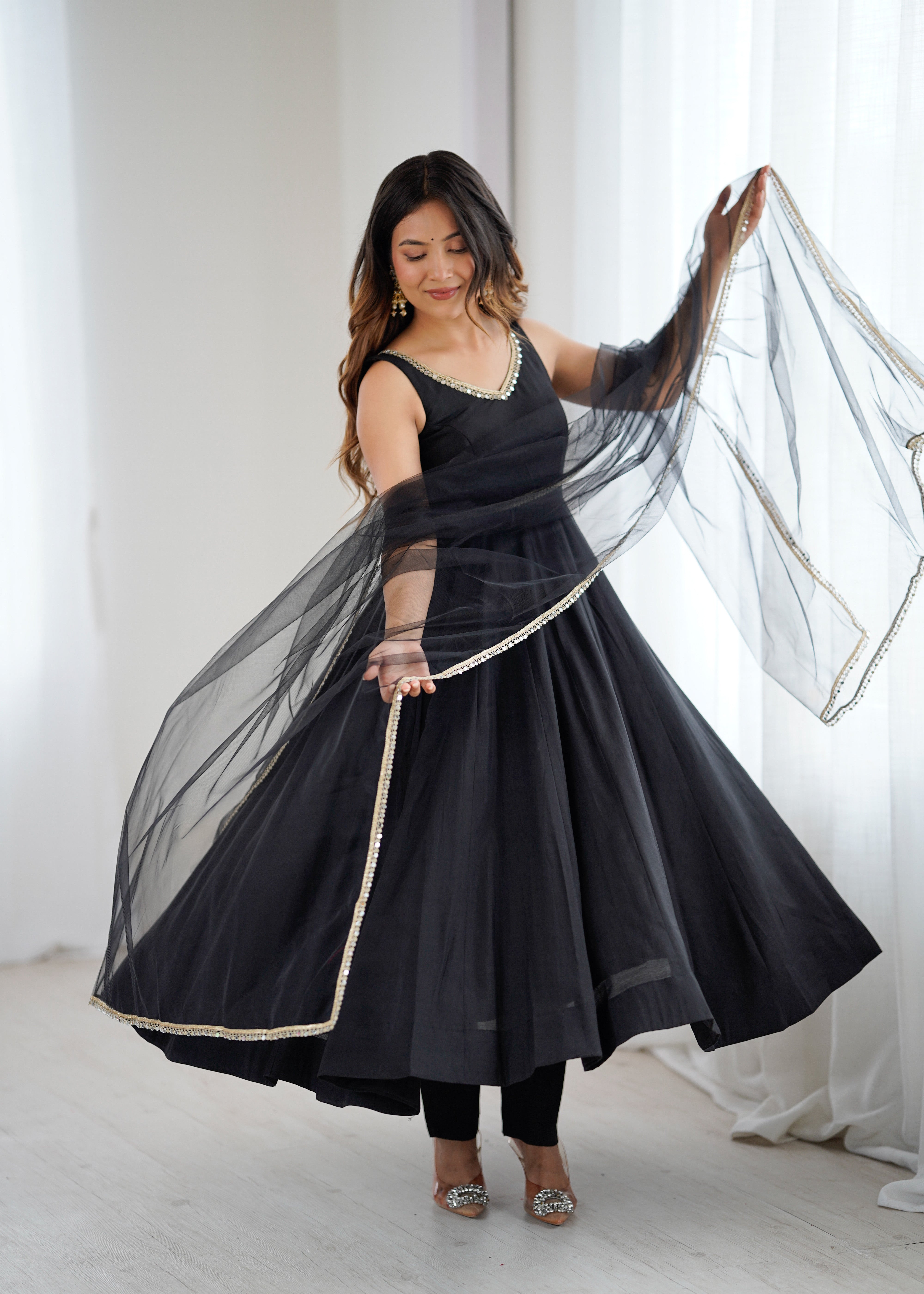 Premium Pure Romansilk Chanderi 4 Meter Flared Anarkali Gown Set