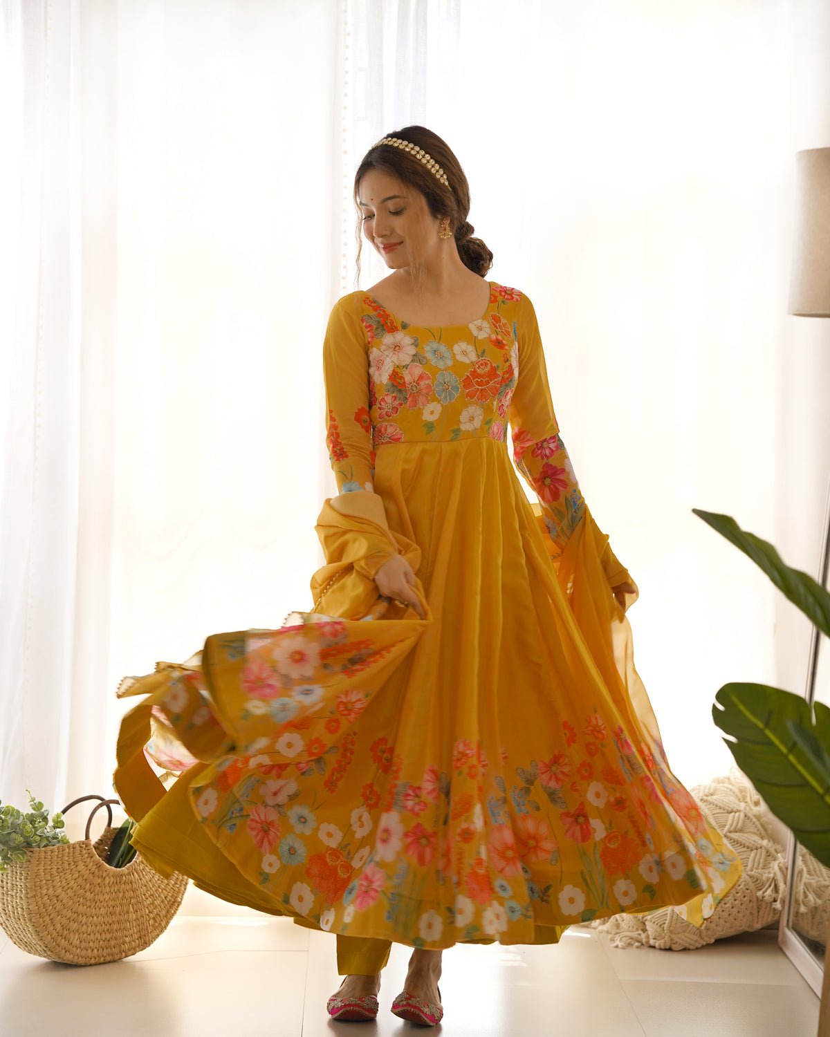 Premium Organza Silk Printed Anarkali Suit Set with Badla Jari & Gota Patti Work