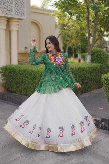 Premium Kora Cotton Navratri Lehenga Choli with Gota Lace & Bandhani Kutchi Gamthi Work