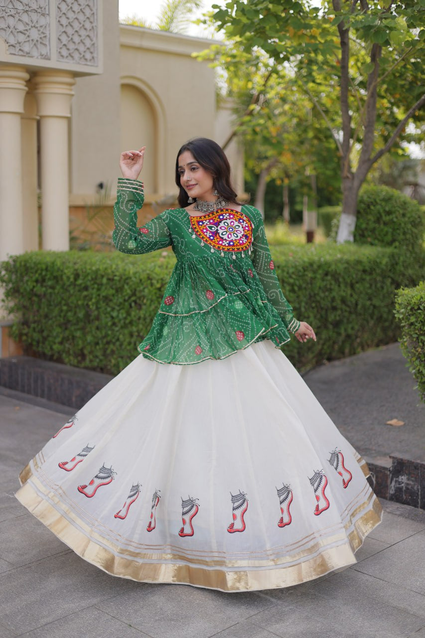 Premium Kora Cotton Navratri Lehenga Choli with Gota Lace & Bandhani Kutchi Gamthi Work