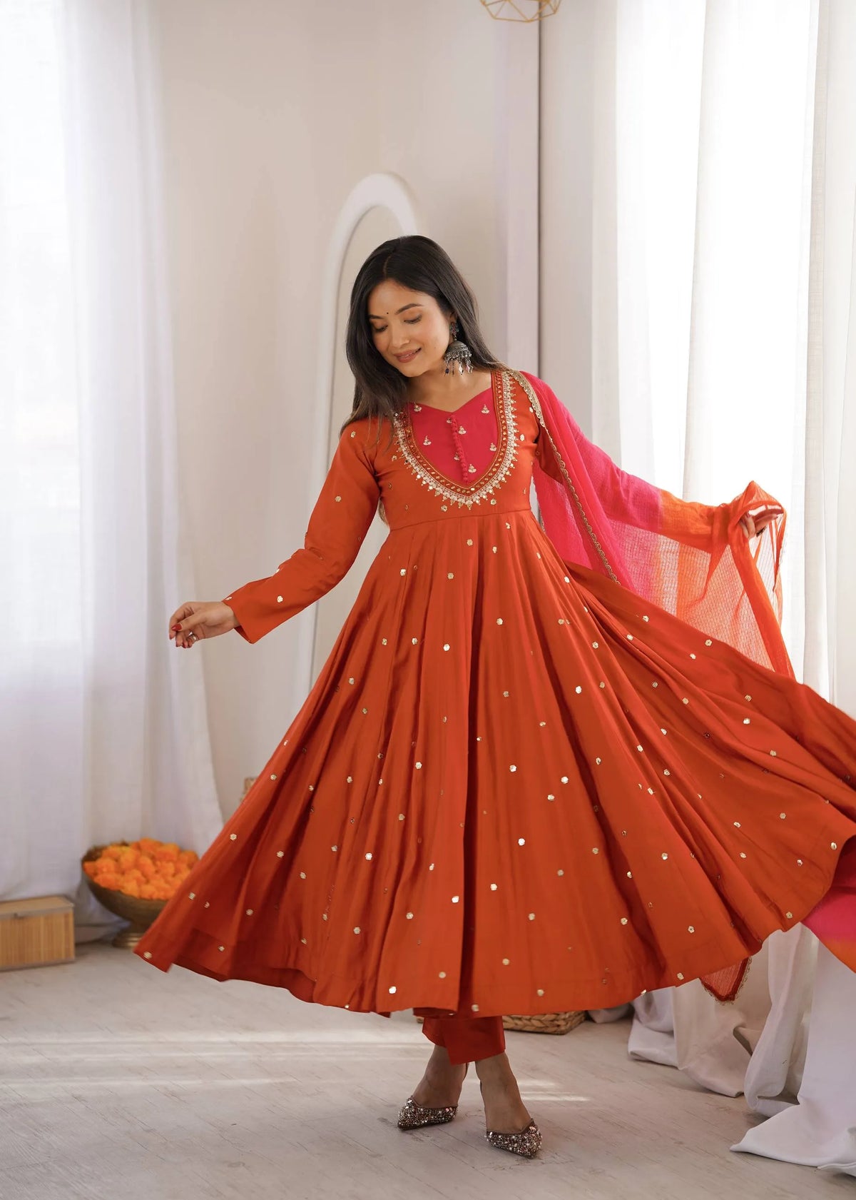 Premium Roman Silk Anarkali Gown with Embroidery, Sequin & Real Mirror Work