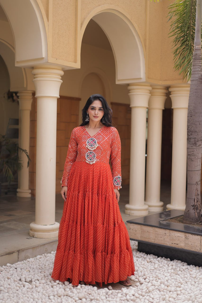 Premium Faux Georgette Navratri Gown with Laheriya Print & Kutchi Patchwork