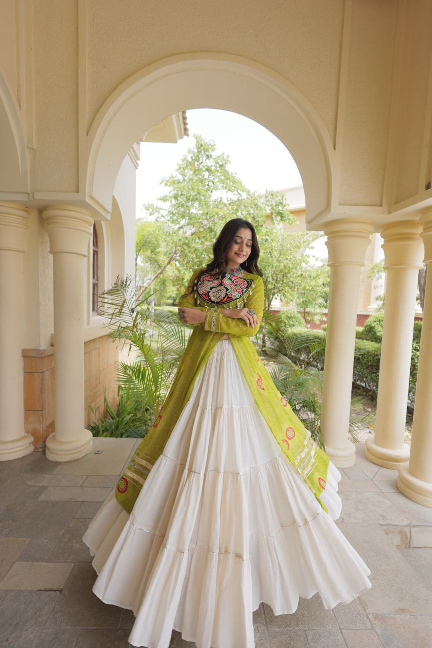 Premium Kora Cotton Navratri Lehenga with Bandhani Print & Kutchi Patchwork Kurti