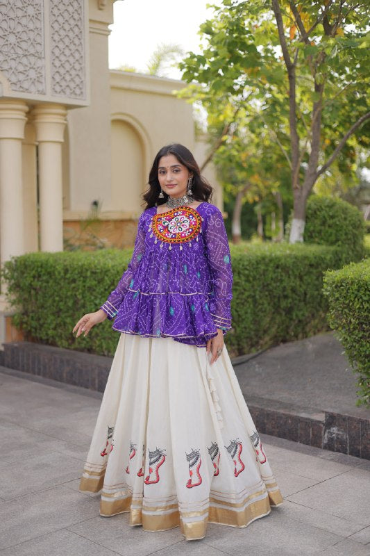 Premium Kora Cotton Navratri Lehenga Choli with Gota Lace & Bandhani Kutchi Gamthi Work
