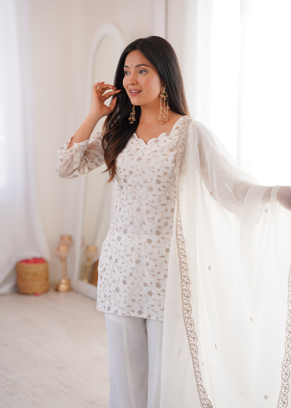 Premium Crunchy Silk Top Pant Set with Embroidery, Sequin & Jari Work