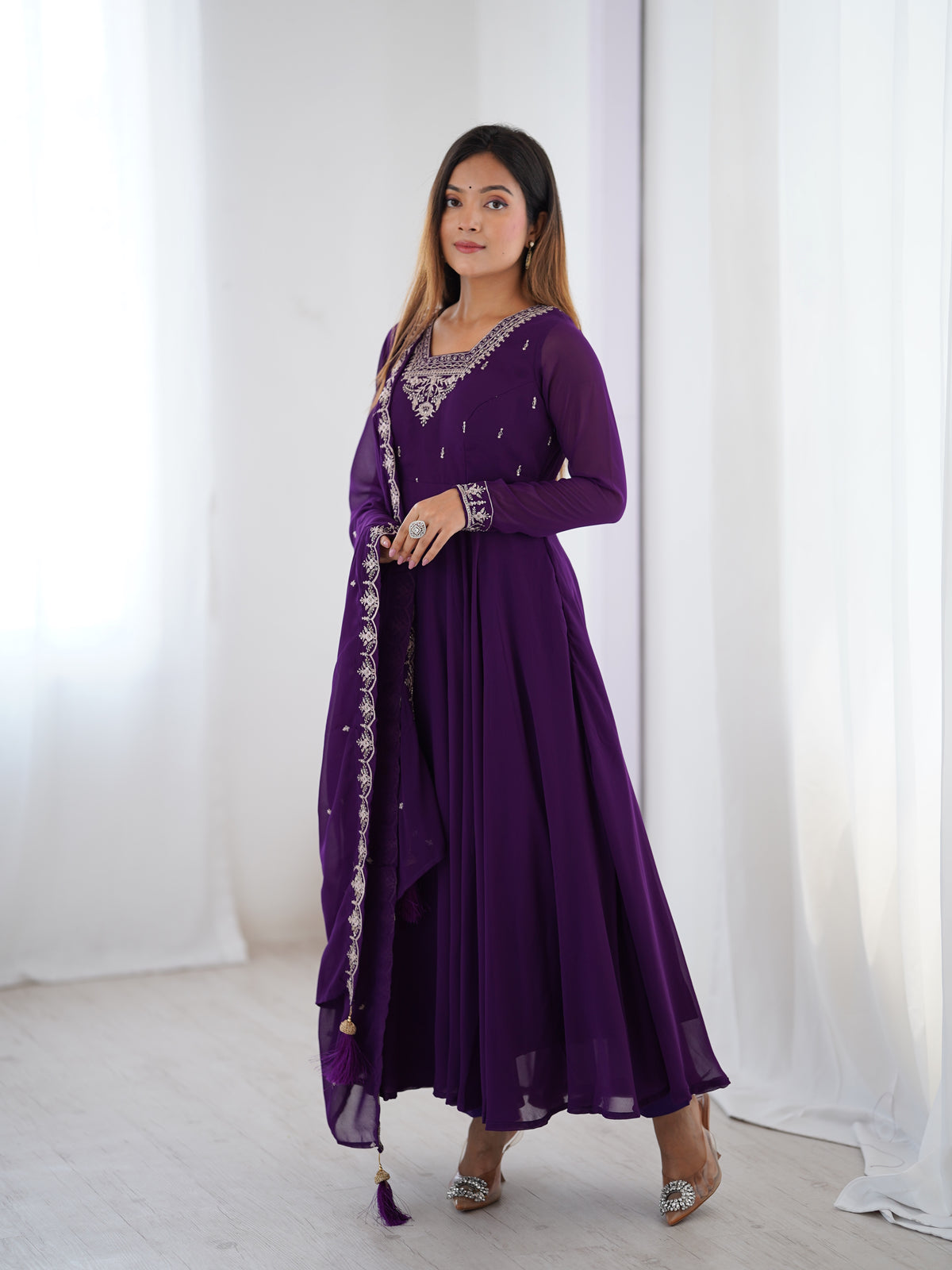 Premium Fox Georgette Anarkali Suit with Beads, Jari Work, 6.5 Meter Flair & Embellished Dupatta