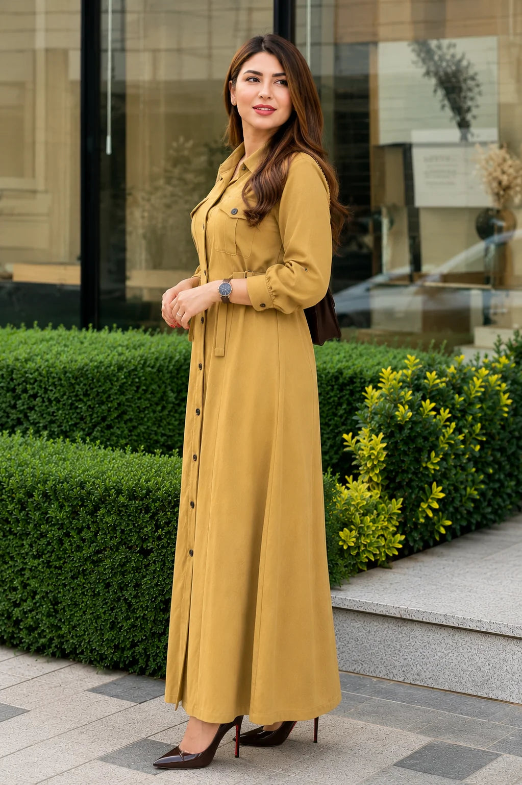 Women's Mustard Shirt Style Maxi Dress with Waist Belt | Casual & Office Wear