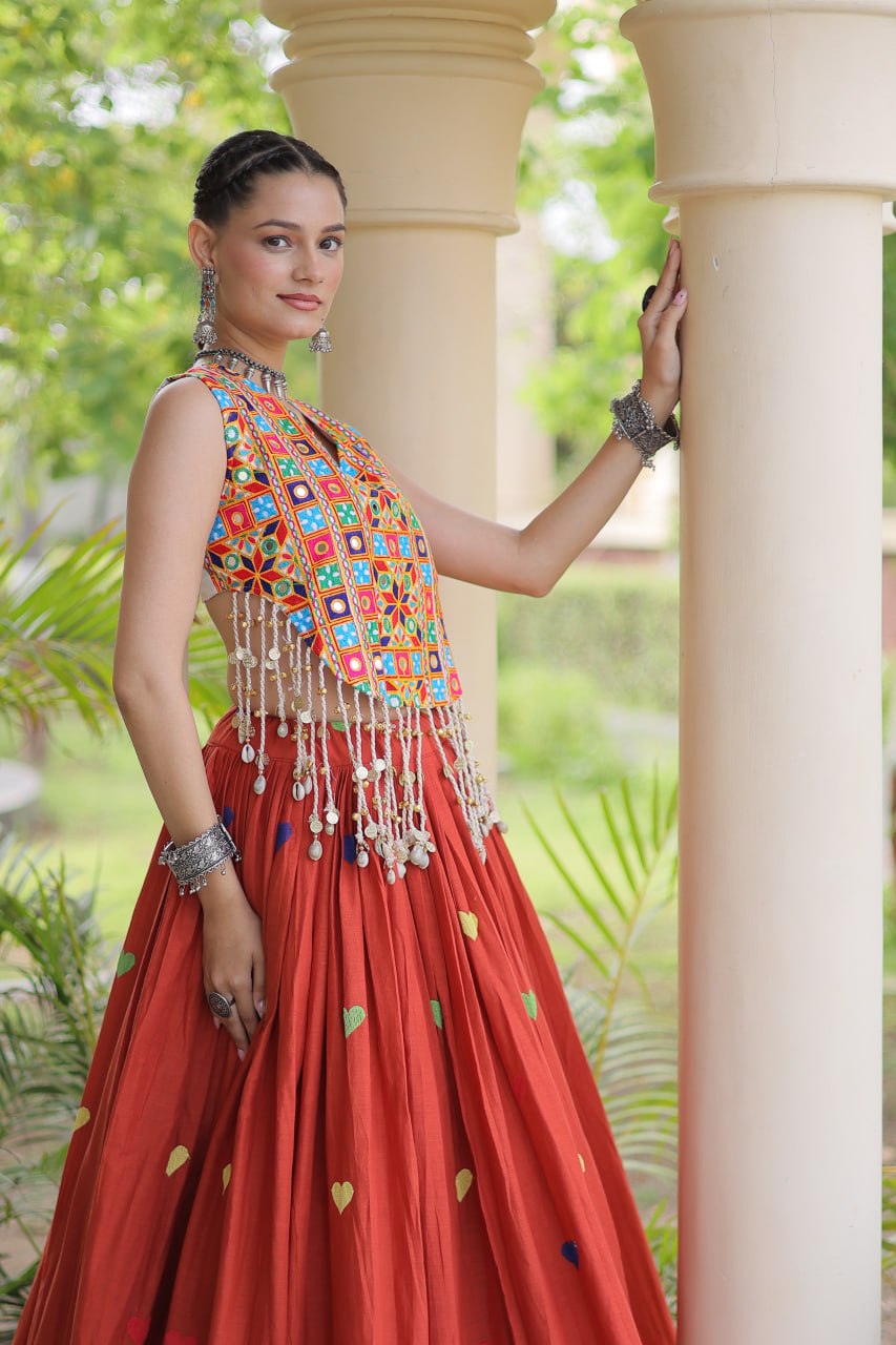 Premium Cora Cotton Navratri Lehenga Choli with Heart Thread Embroidery & Gamthi Mirror Work