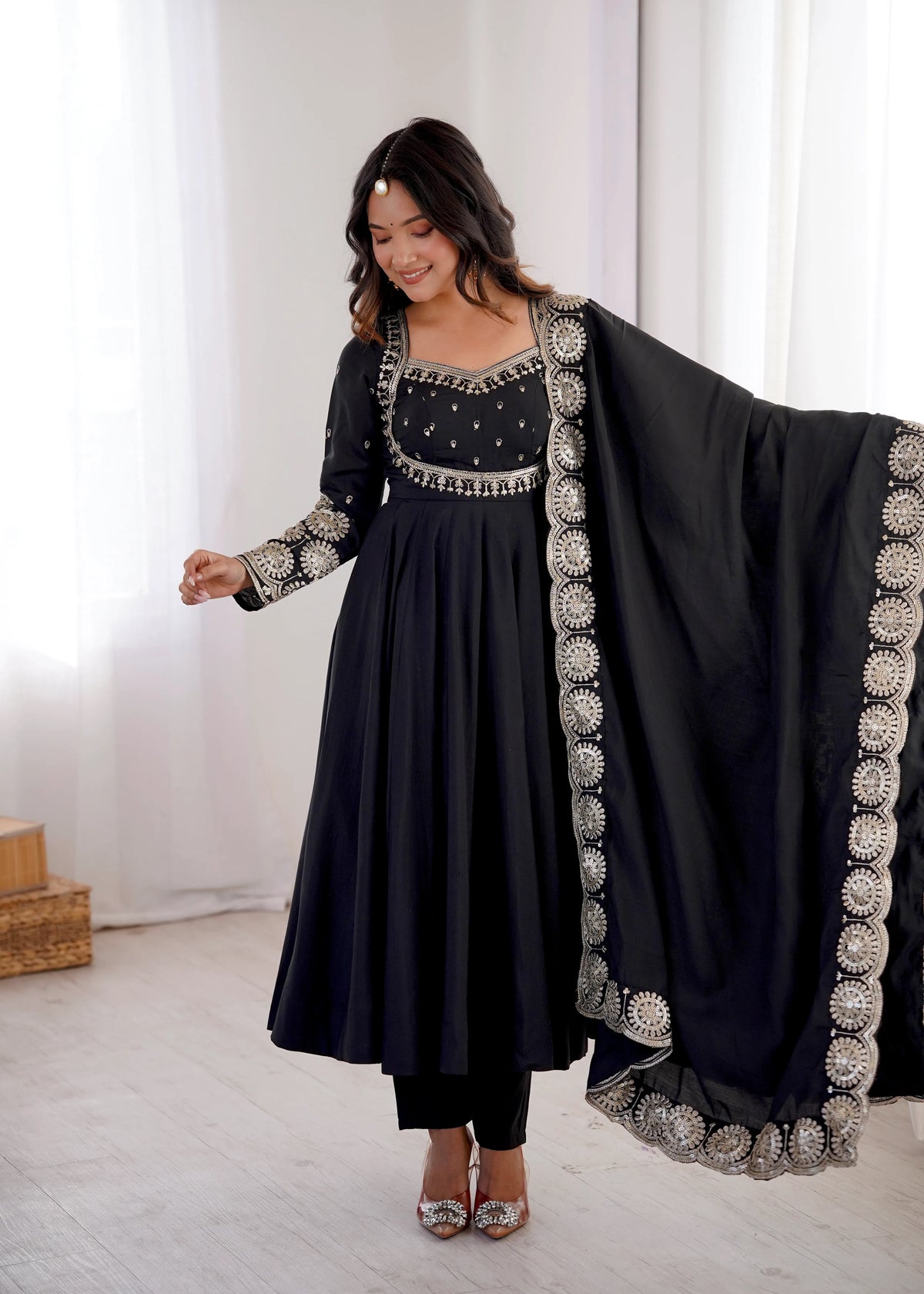 Premium Roman Silk Anarkali Gown with Embroidery & Sequin Work