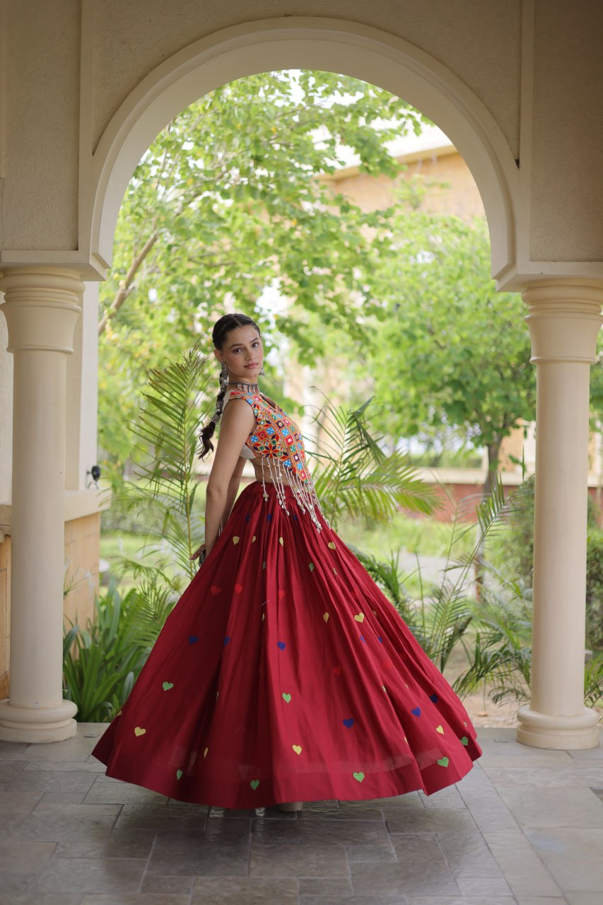 Premium Cora Cotton Navratri Lehenga Choli with Heart Thread Embroidery & Gamthi Mirror Work
