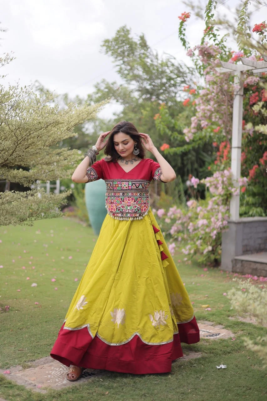 Premium Roman Fabric Navratri Lehenga Choli with Gota & Mirror Work