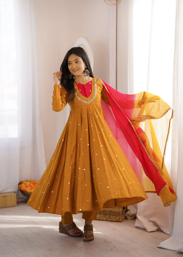 Premium Roman Silk Anarkali Gown with Embroidery, Sequin & Real Mirror Work