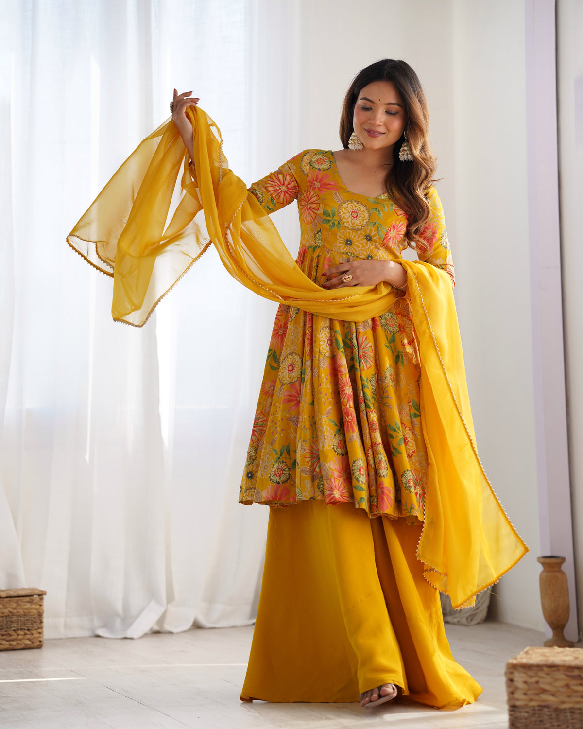 Premium Roman Silk Chanderi Discharge Print Kediya Kurta Set with Organza Dupatta & Palazzo