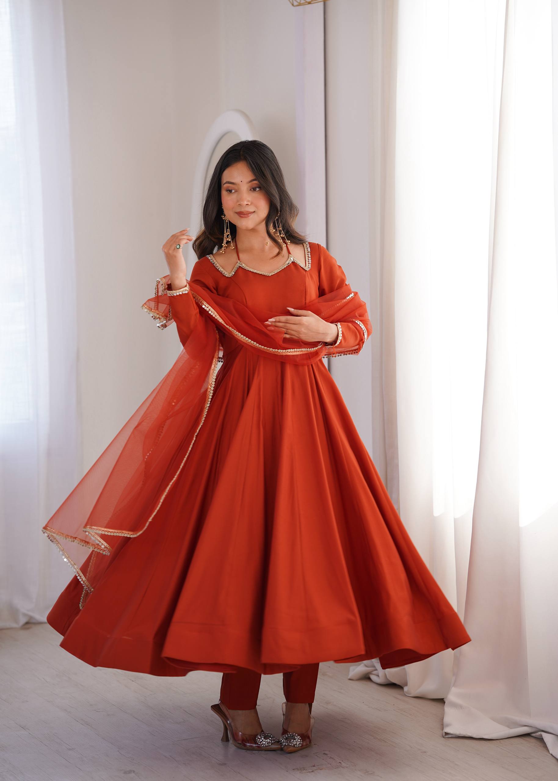 Premium Roman Silk Chanderi Anarkali Gown Set with Dupatta & Pant