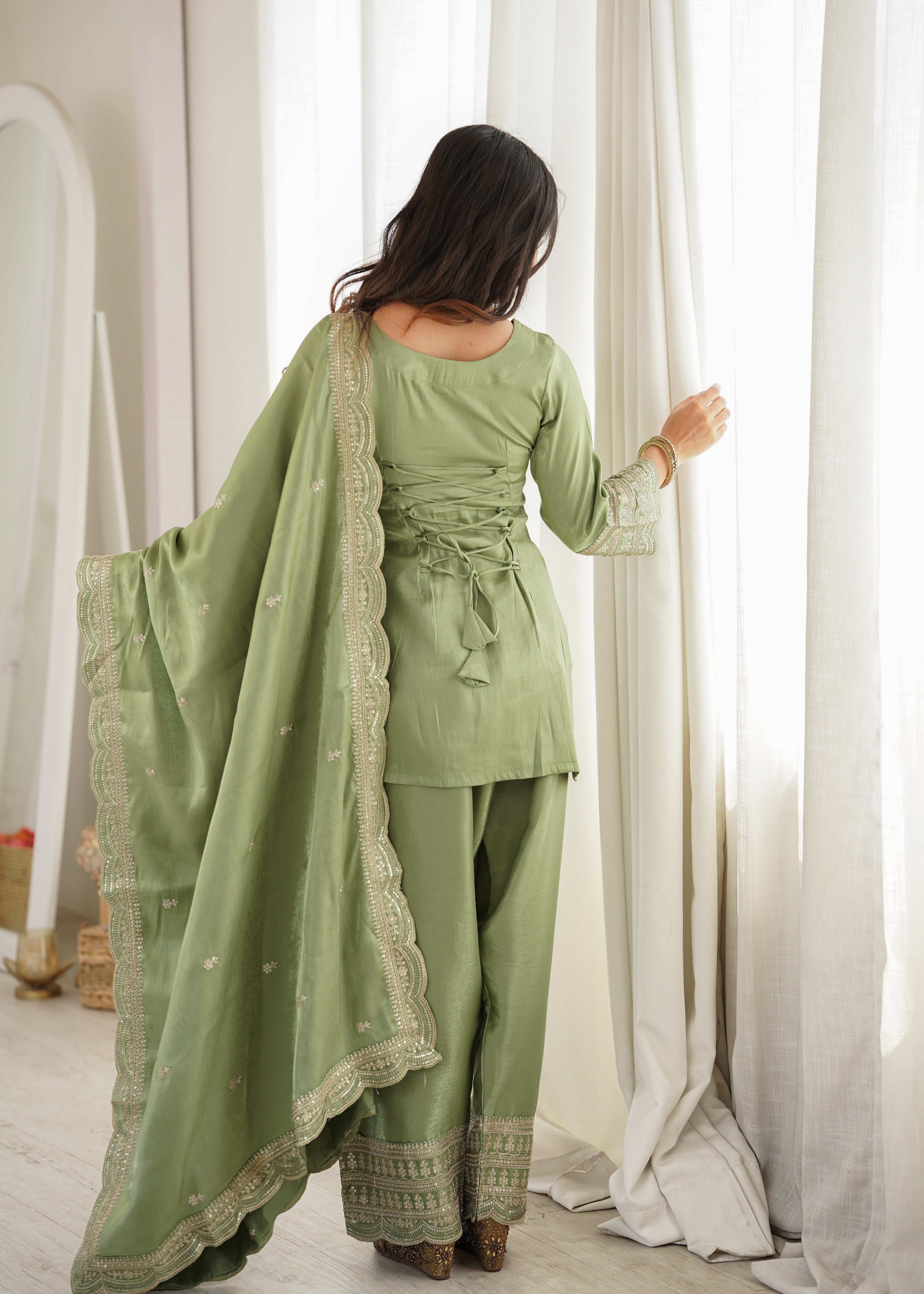 Premium Glass Roman Silk Embroidered Farshi Shalwar Set with Dupatta
