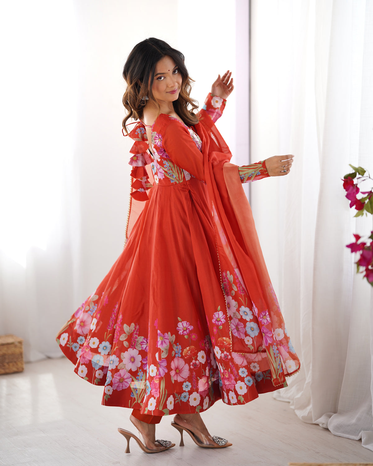 Premium Organza Silk Printed Anarkali Suit Set with Badla Jari & Gota Patti Work