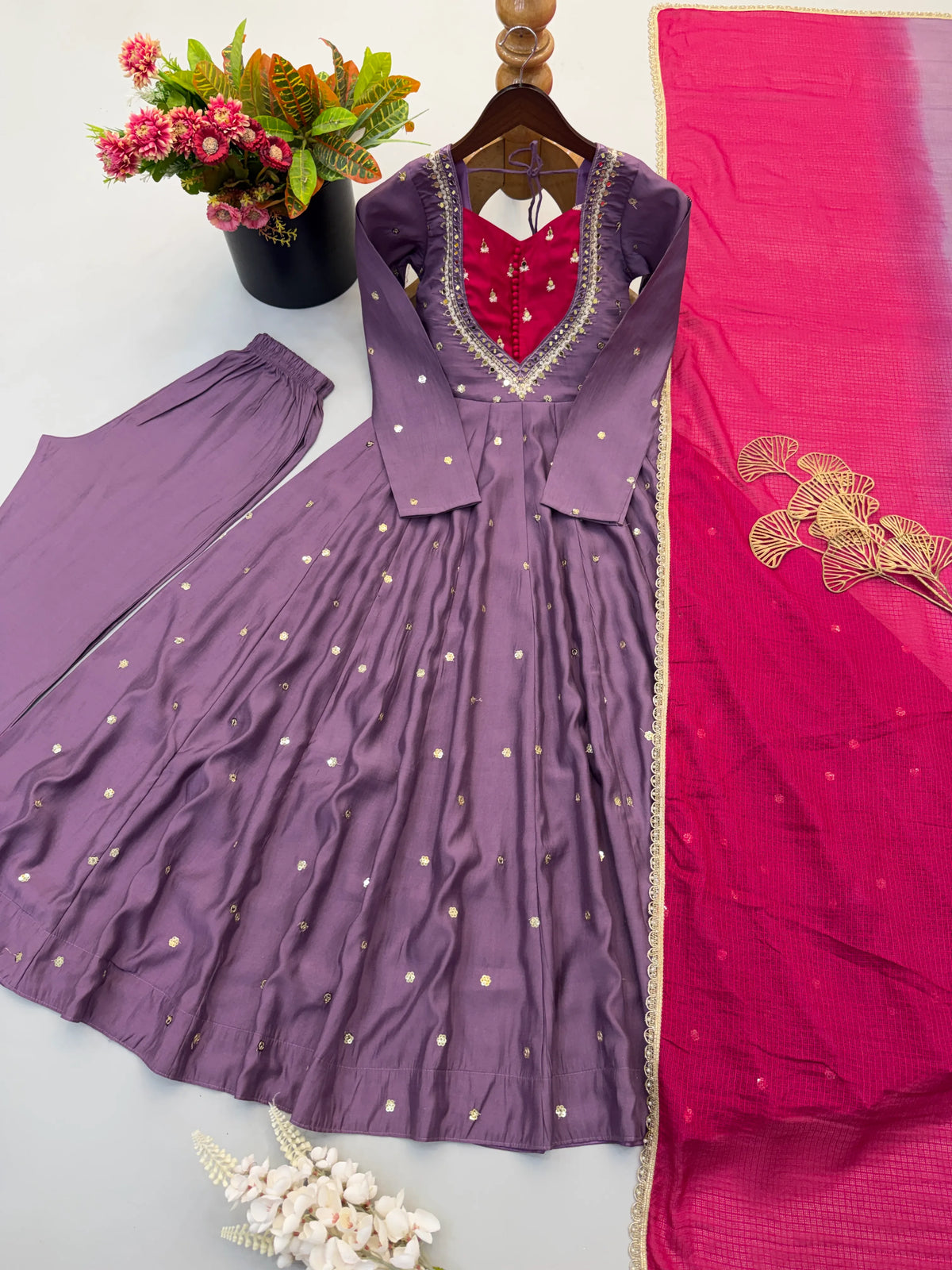 Premium Roman Silk Anarkali Gown with Embroidery, Sequin & Real Mirror Work