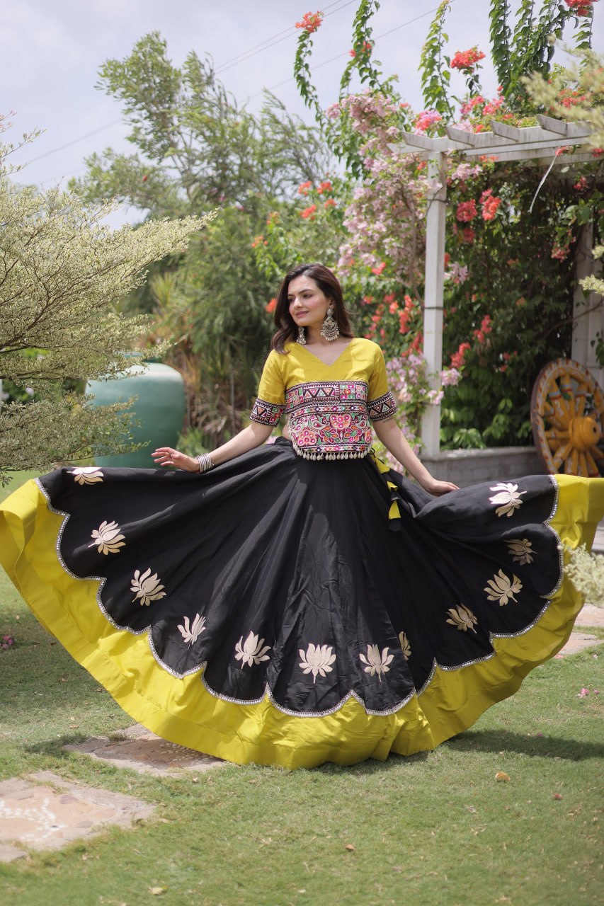 Premium Roman Fabric Navratri Lehenga Choli with Gota & Mirror Work