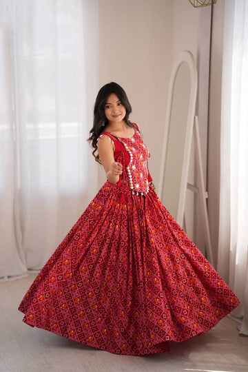 Premium Heavy Rayon Digital Print Lehenga Choli with Embroidered Mirror Work Koti
